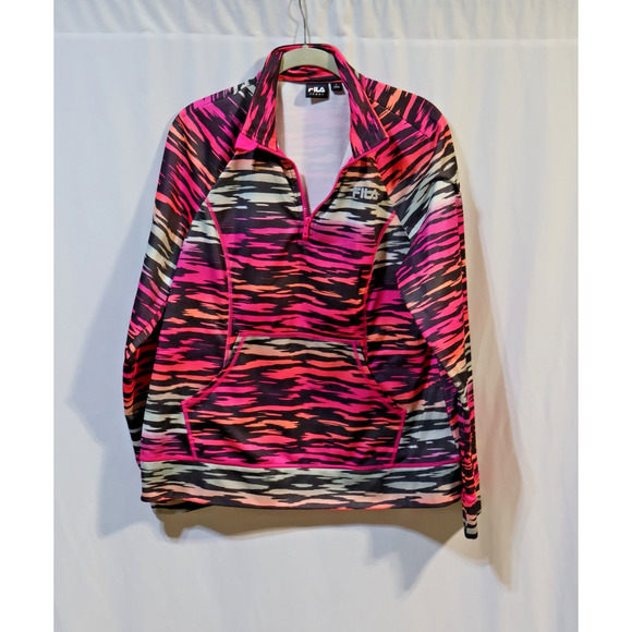 FILA Sport Women's Large Warmup Running Pullover Jacket Hot Pink Zebra 1/4 Zip - Picture 1 of 3